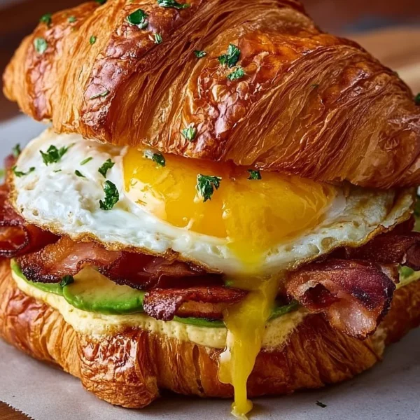 Breakfast Croissant Sandwich with egg, cheese, and ham served on a flaky croissant