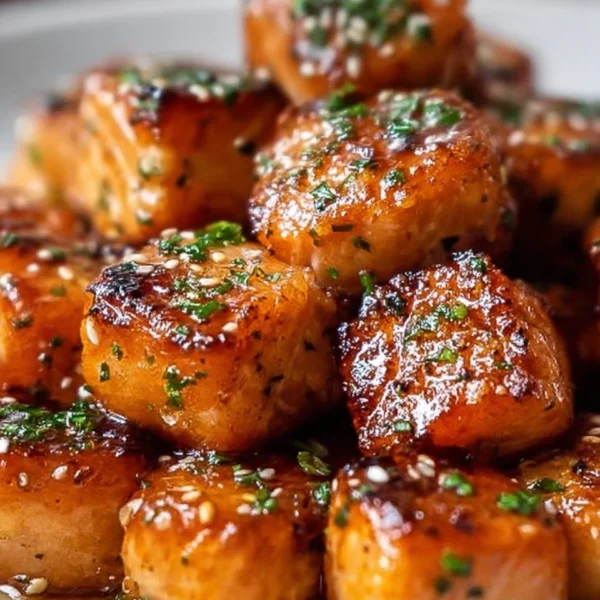 Air Fryer Honey Garlic Salmon Bites served on a plate with garnishments