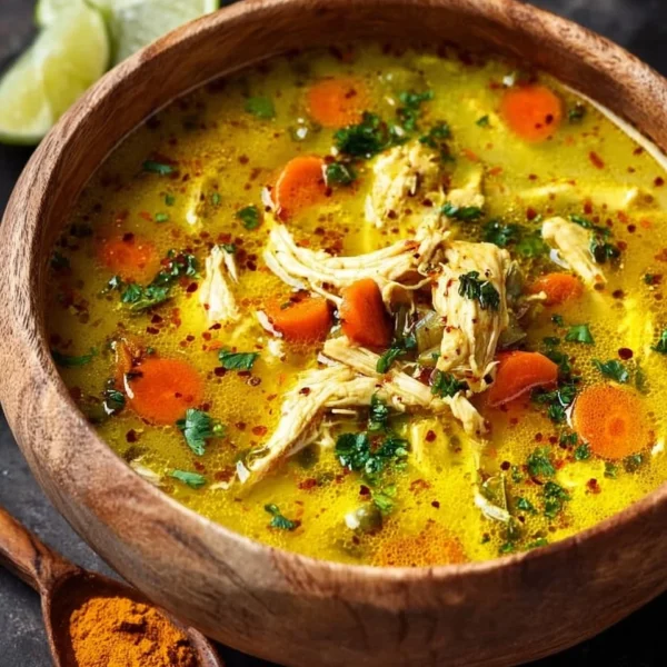 Bowl of anti-inflammatory turmeric chicken soup with herbs and spices