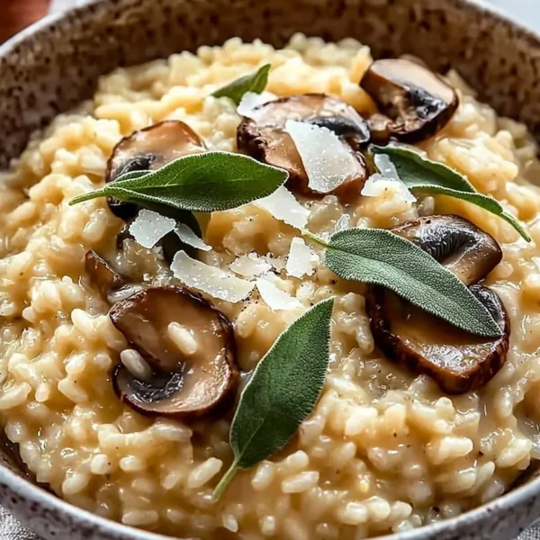 Delicious authentic Mushroom Sage Risotto garnished with fresh sage leaves