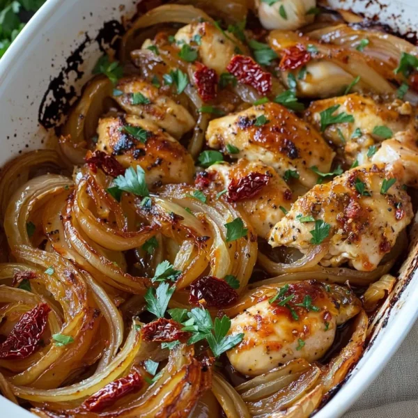 Baked chicken topped with sweet caramelized onions for a flavorful dish.