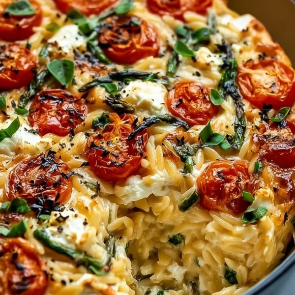 Delicious baked feta orzo served in a bowl with fresh herbs and tomatoes