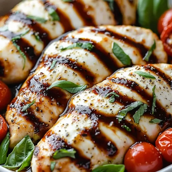 Balsamic baked chicken breast topped with mozzarella cheese on a plate