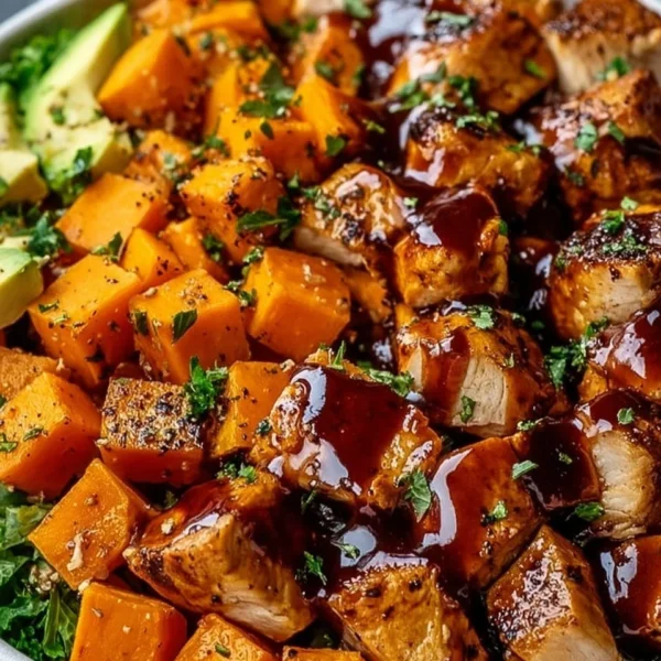 BBQ Chicken Sweet Potato Bowl with colorful ingredients arranged beautifully