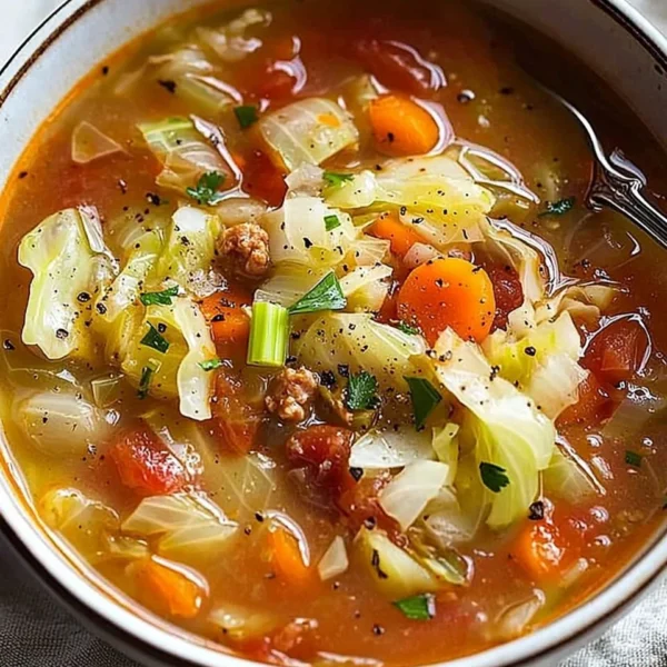 Homemade cabbage soup served in a bowl with fresh herbs on top.