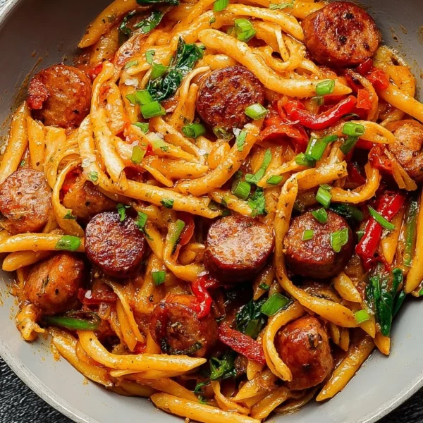 Delicious Cajun Sausage Pasta served in a bowl with herbs and spices