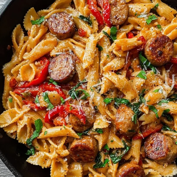 Delicious Cajun Sausage Pasta served in a bowl with herbs and spices