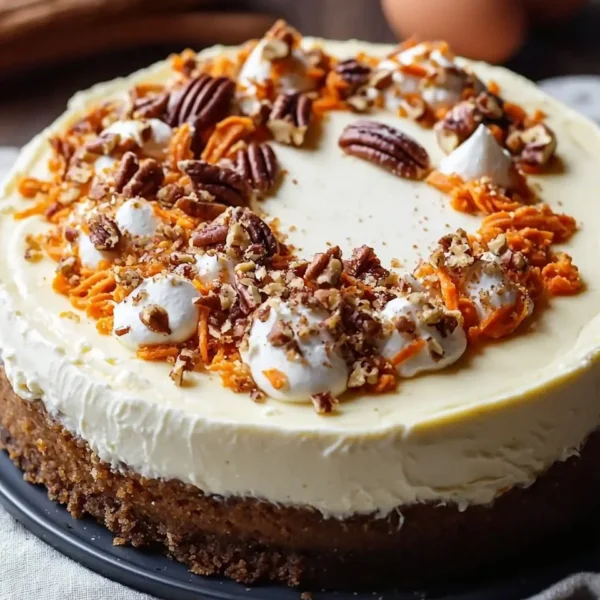 Slice of carrot cake cheesecake with cream cheese frosting and carrot decorations