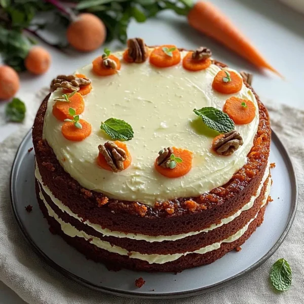 Deliciously moist carrot cake decorated with cream cheese frosting.