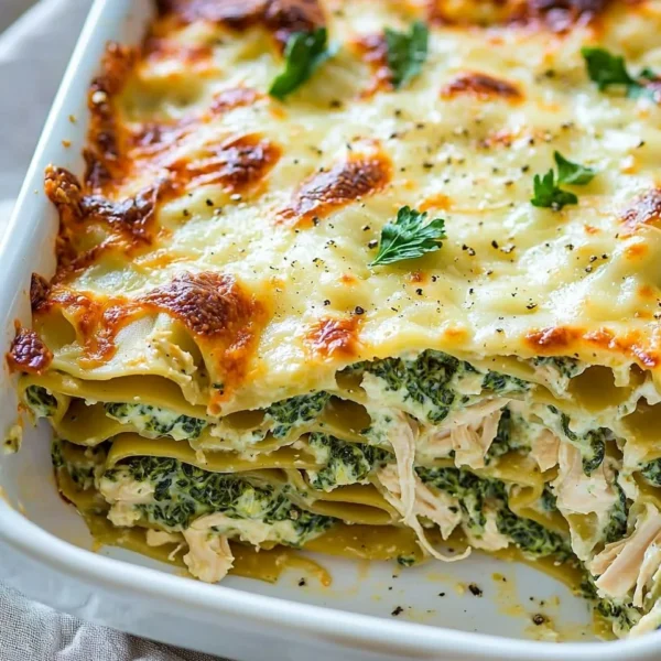 Cheesy chicken lasagna with layers of pasta, chicken, and melted cheese