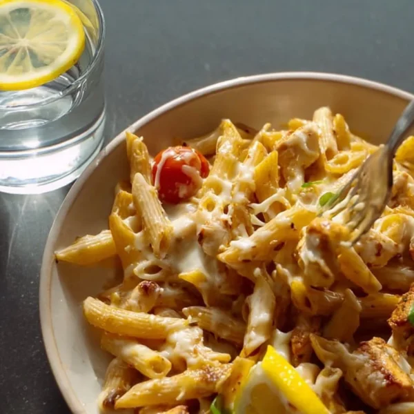 Delicious cheesy chicken pasta served in a bowl with herbs and spices