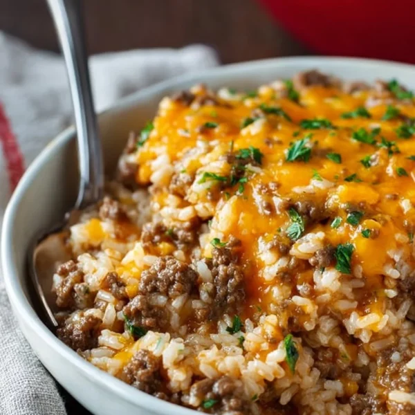 Cheesy ground beef and rice casserole in a baking dish, topped with melted cheese