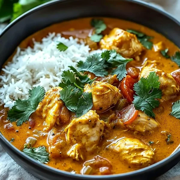 A delicious bowl of homemade chicken curry Indian recipe garnished with cilantro.