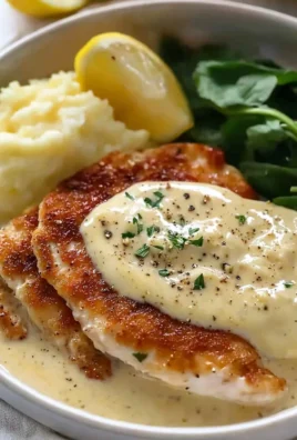 Chicken Schnitzel served with creamy sauce on a plate