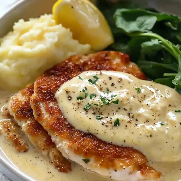 Chicken Schnitzel served with creamy sauce on a plate
