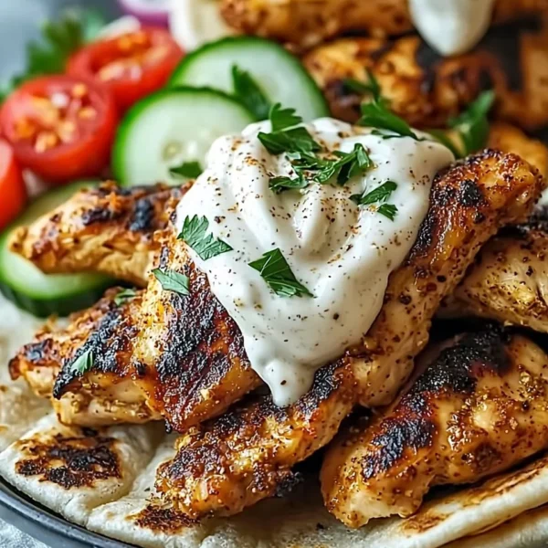 Delicious Chicken Shawarma served with creamy garlic sauce on a plate.