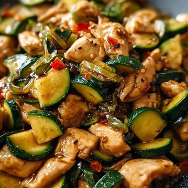Delicious Chicken Zucchini Stir Fry served in a colorful bowl