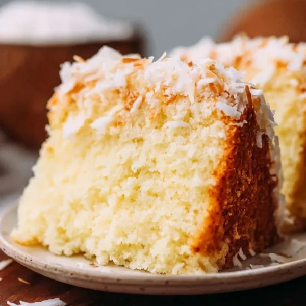 Delicious coconut cake topped with fresh coconut flakes and creamy frosting