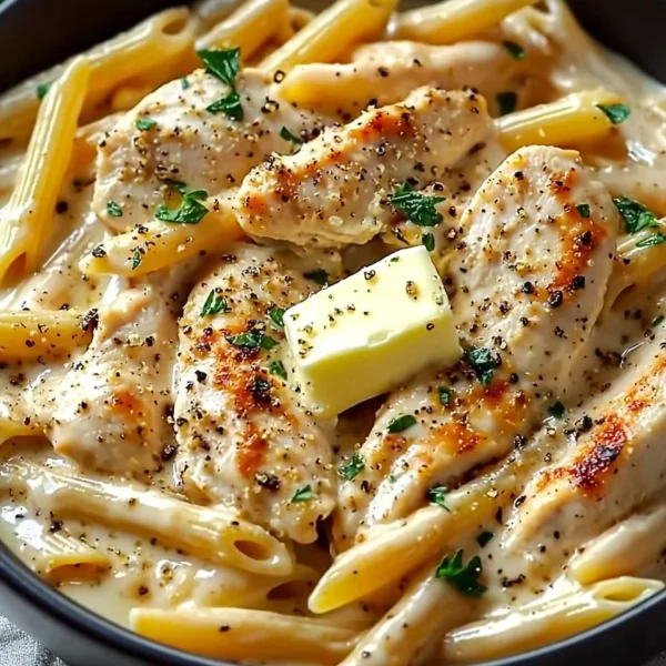 Creamy Crac Chicken Penne served in a bowl ready for dinner.