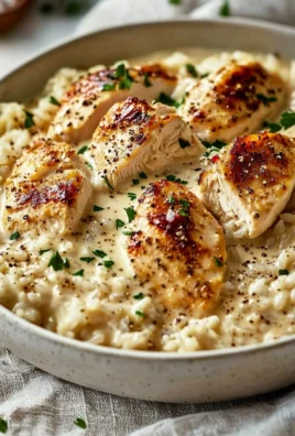 Creamy chicken and rice dish garnished with fresh herbs