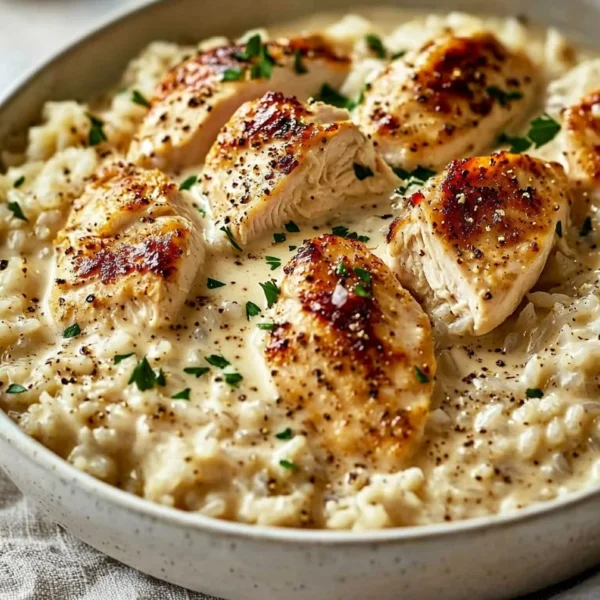 Creamy chicken and rice dish garnished with fresh herbs