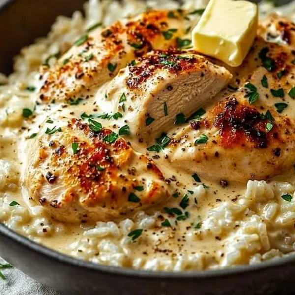Creamy chicken served over a bed of fluffy rice with herbs