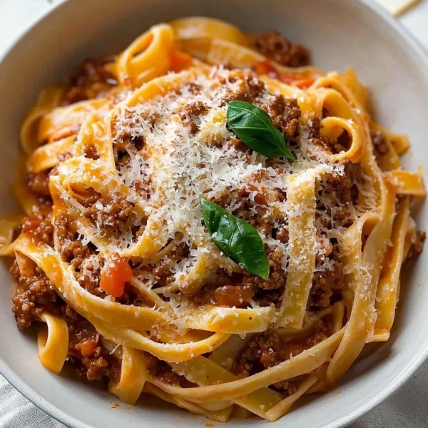 Creamy Fettuccine Bolognese topped with fresh herbs and cheese