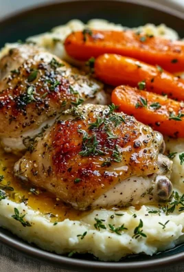 Plate of creamy herb chicken served with mashed potatoes and honey glazed carrots