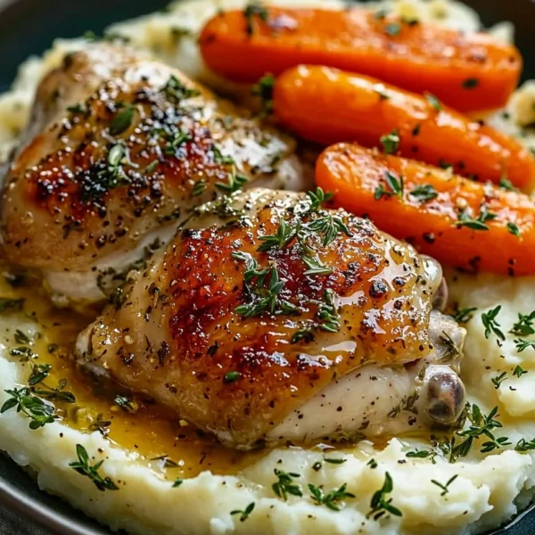 Plate of creamy herb chicken served with mashed potatoes and honey glazed carrots