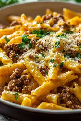 Creamy high protein beef pasta topped with herbs and cheese