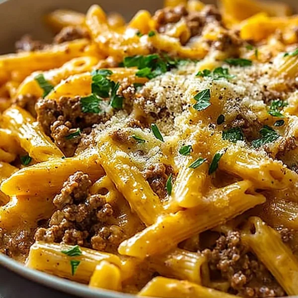 Creamy high protein beef pasta topped with herbs and cheese