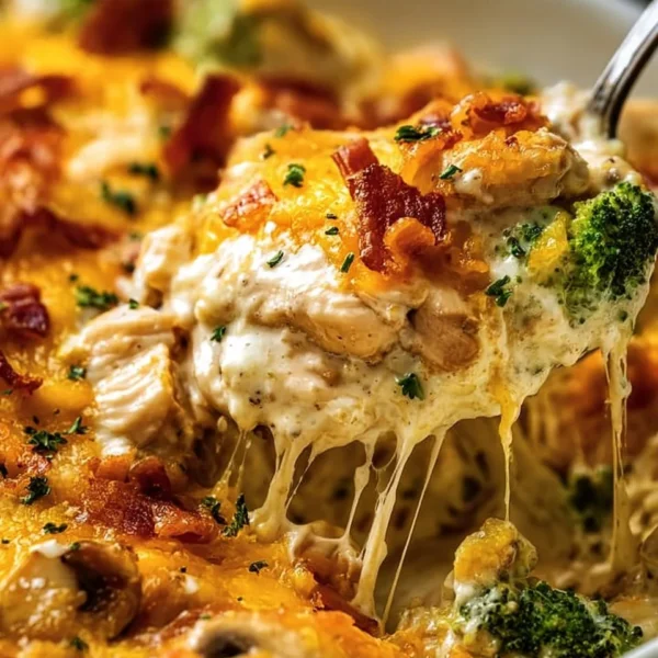 Creamy low carb chicken casserole served in a dish topped with cheese and herbs.