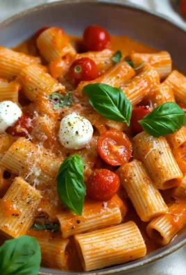 Creamy rigatoni pasta topped with rich tomato sauce and herbs