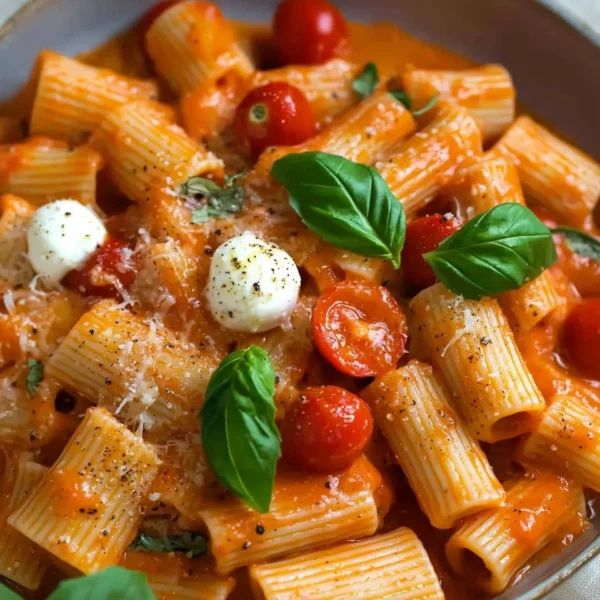 Creamy rigatoni pasta topped with rich tomato sauce and herbs