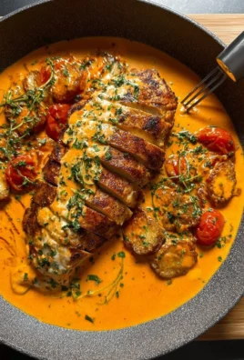Creamy tomato chicken breast dish garnished with fresh herbs