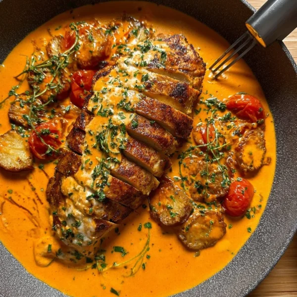 Creamy tomato chicken breast dish garnished with fresh herbs