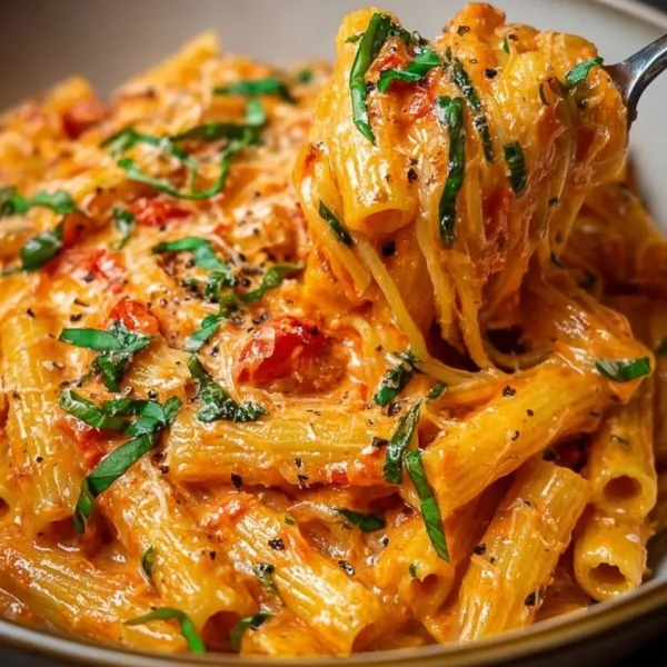 Creamy tomato garlic pasta dish garnished with fresh basil and parmesan cheese