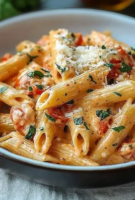 Creamy tomato garlic pasta dish garnished with fresh herbs