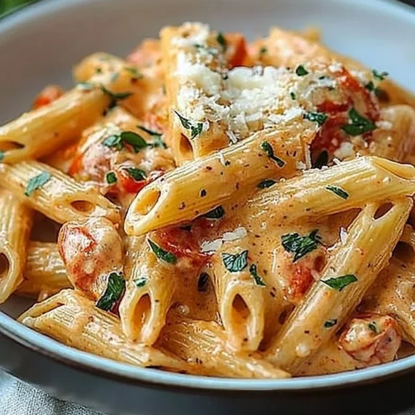 Creamy tomato garlic pasta dish garnished with fresh herbs