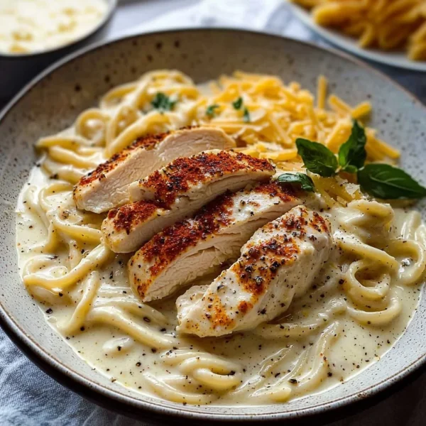 A delicious plate of creamy white sauce pasta garnished with herbs.