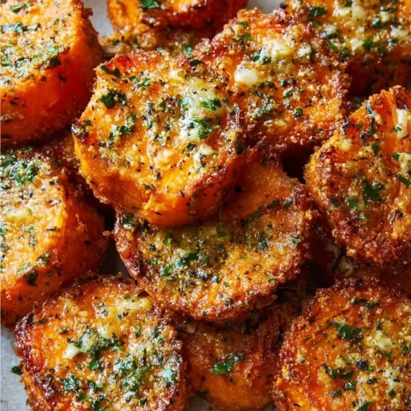 Crispy baked sweet potato bites topped with parmesan and herb butter
