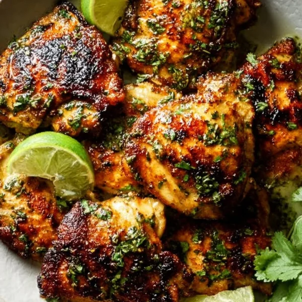 Crispy cilantro lime chicken thighs served with fresh herbs and lime wedges
