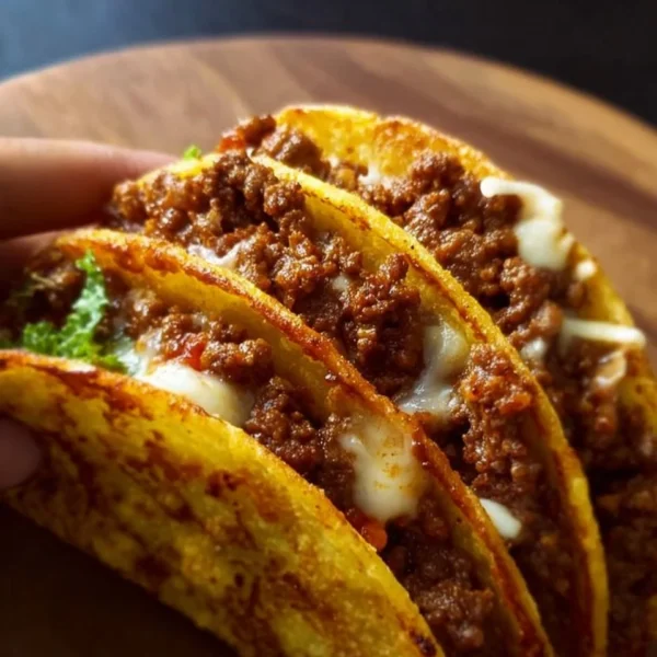 Delicious crispy ground beef tacos garnished with fresh ingredients