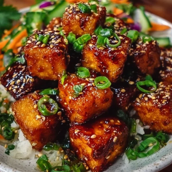Delicious crispy honey garlic tofu served with vegetables