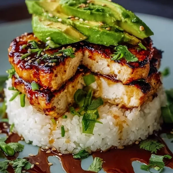 Delicious honey lime chicken served with avocado rice stack on a plate