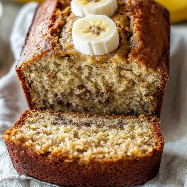Sliced easy banana bread on a wooden cutting board, fresh and moist