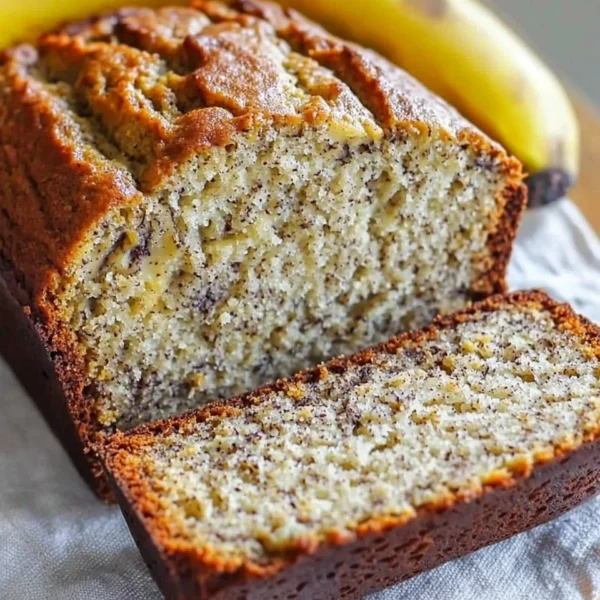 Loaf of homemade banana bread on a wooden cutting board