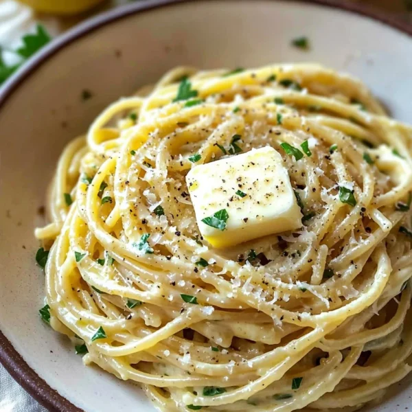Creamy lemon garlic sauce drizzled over a delicious dish.