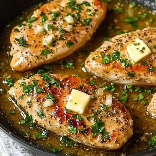 Delicious easy garlic butter chicken served on a plate with herbs garnish.