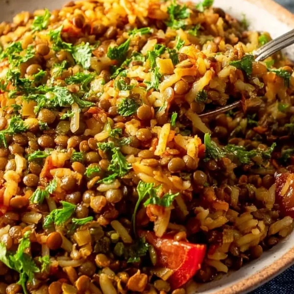 Bowl of easy Mediterranean lentils and rice dish garnished with fresh parsley